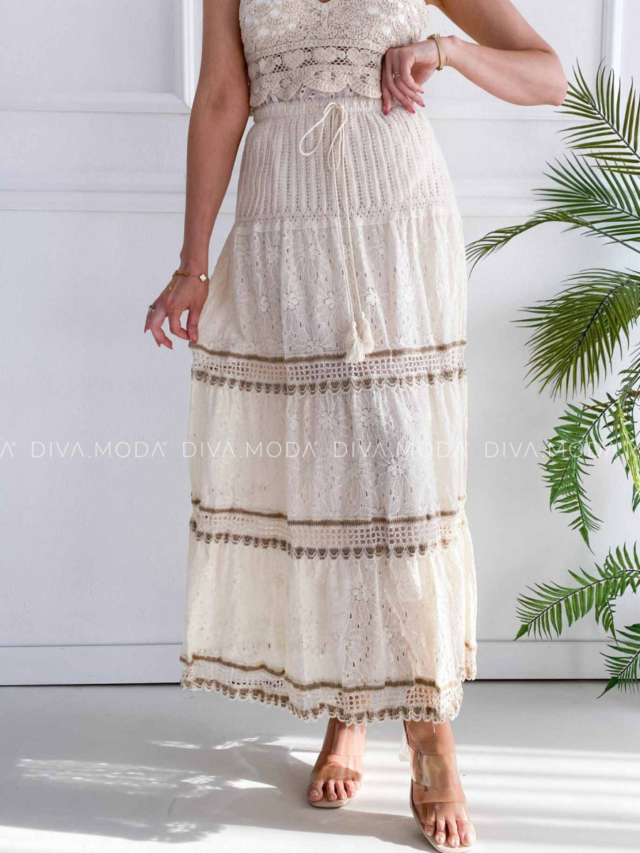 Maxi dietovaná sukňa s krajkou vanilková M 173