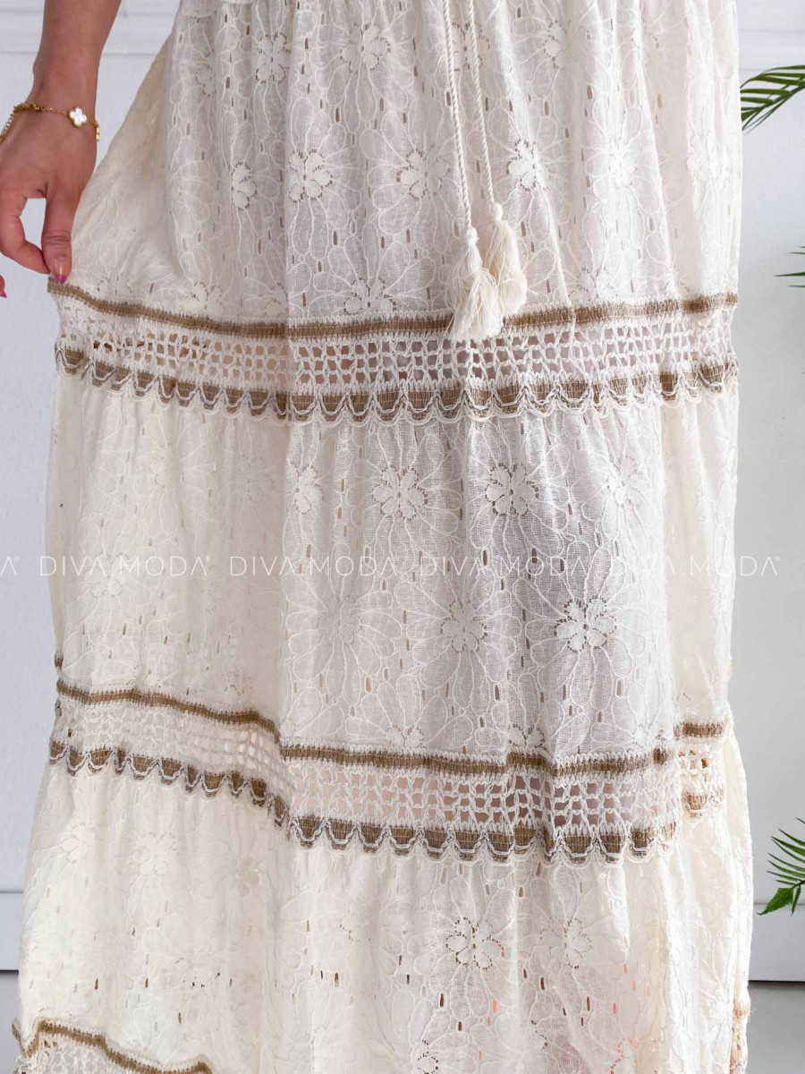 Maxi dietovaná sukňa s krajkou vanilková M 173