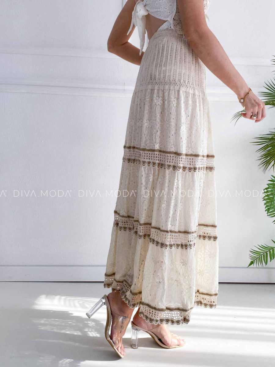 Maxi dietovaná sukňa s krajkou vanilková M 173