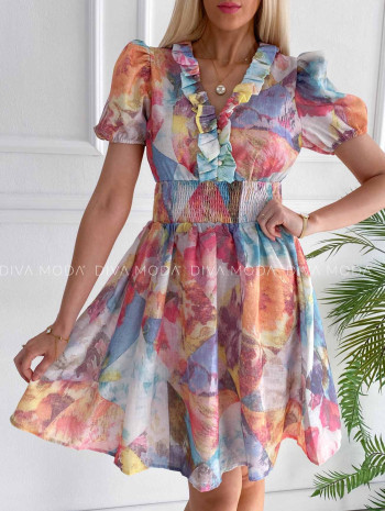 Krátke šaty s volánikom na dekolte multicolor M 329
