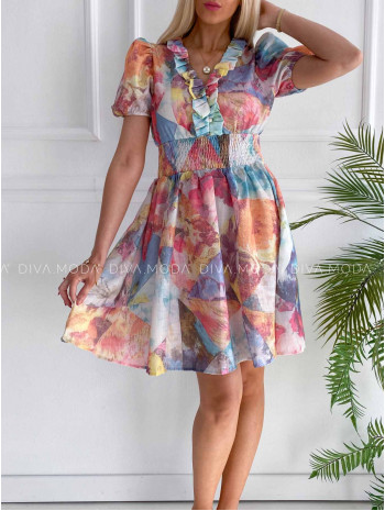 Krátke šaty s volánikom na dekolte multicolor M 329