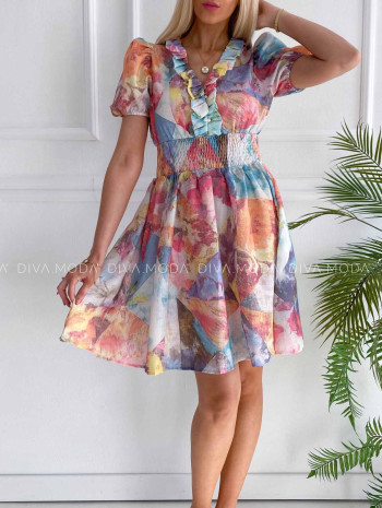 Krátke šaty s volánikom na dekolte multicolor M 329