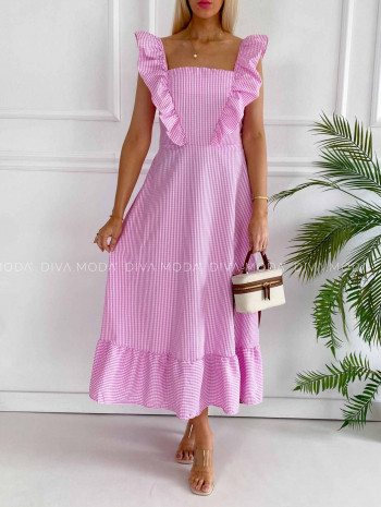 Kockované maxi šaty s volánom ružové K 382