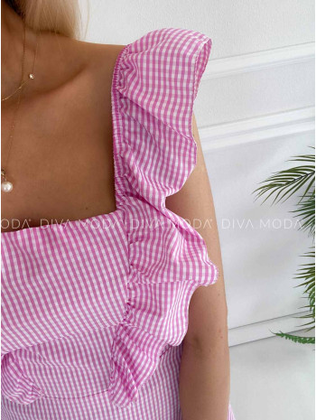 Kockované maxi šaty s volánom ružové K 382