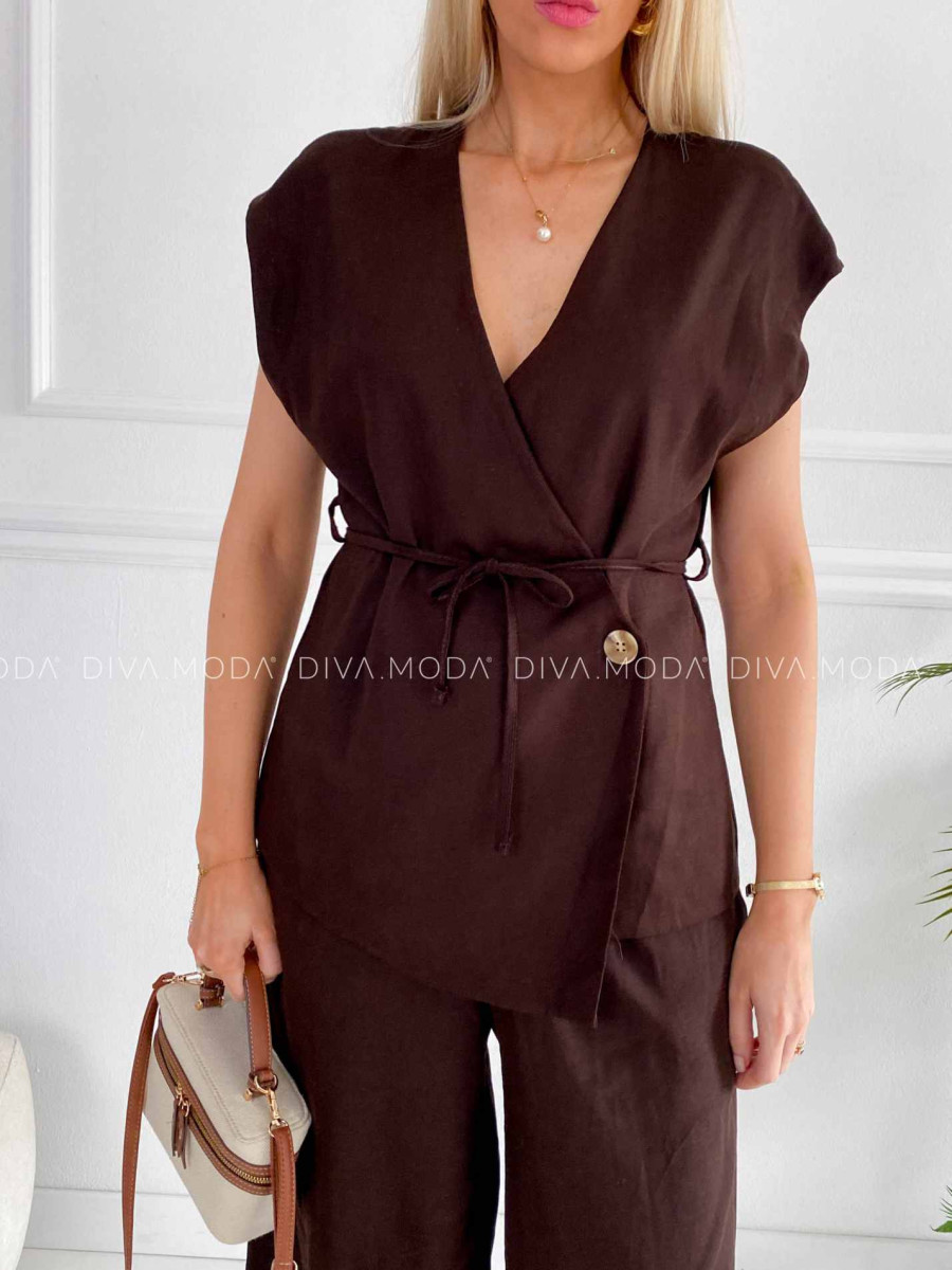 Komplet s prímesou ľanu zavinovacia vesta + nohavice čokoládový K 375