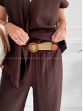 Komplet s prímesou ľanu zavinovacia vesta + nohavice čokoládový K 375