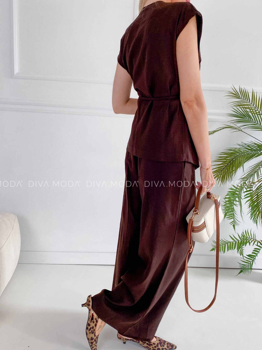 Komplet s prímesou ľanu zavinovacia vesta + nohavice čokoládový K 375