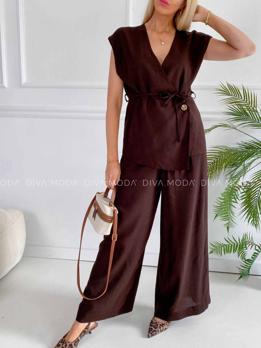 Komplet s prímesou ľanu zavinovacia vesta + nohavice čokoládový K 375