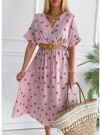 Mušelínové šaty s čerešňami a opaskom ružové V 4