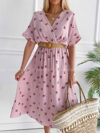Mušelínové šaty s čerešňami a opaskom ružové V 4