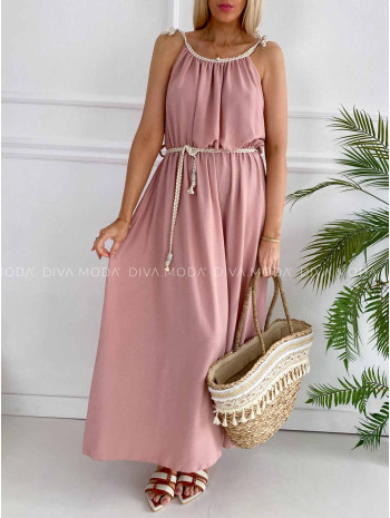 Maxi šaty s prepletanými ramienkami a opaskom pudrové K 384