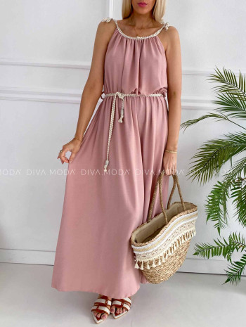 Maxi šaty s prepletanými ramienkami a opaskom pudrové K 384