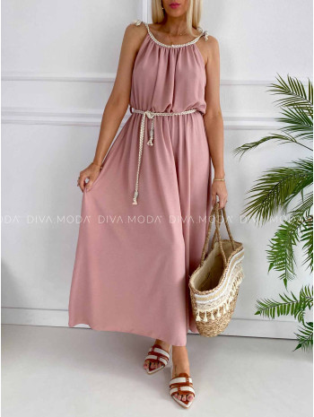 Maxi šaty s prepletanými ramienkami a opaskom pudrové K 384