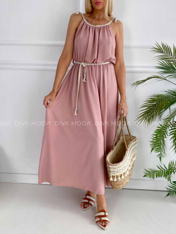 Maxi šaty s prepletanými ramienkami a opaskom pudrové K 384