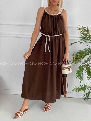 Maxi šaty s prepletanými ramienkami a opaskom čokoládové K 384