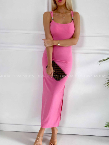 Rebrované priliehavé maxi šaty s gorálkami ružové K 391