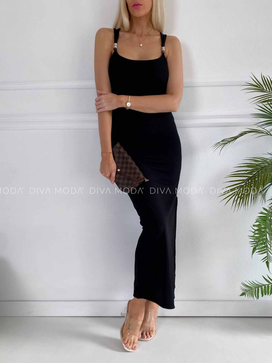 Rebrované priliehavé maxi šaty s gorálkami čierne K 391