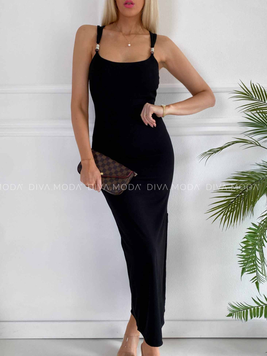 Rebrované priliehavé maxi šaty s gorálkami čierne K 391