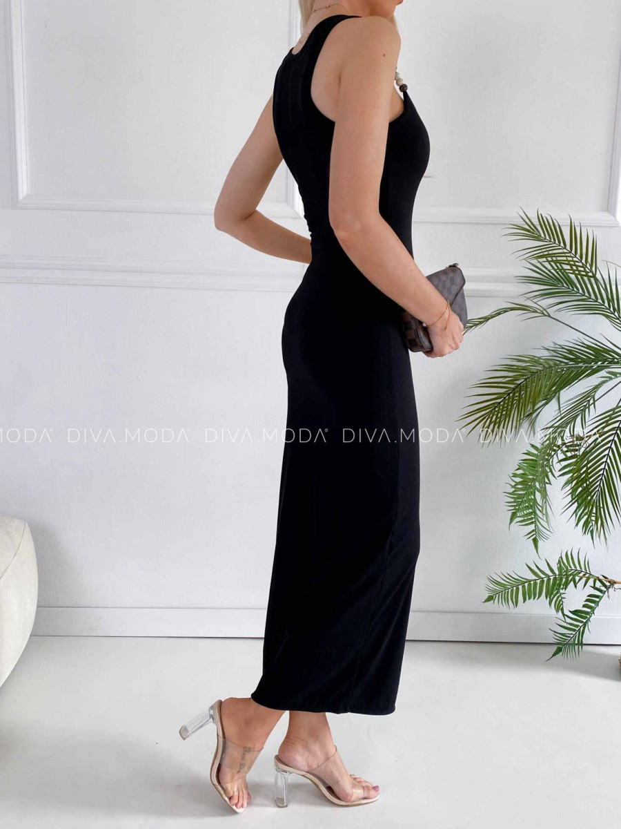 Rebrované priliehavé maxi šaty s gorálkami čierne K 391