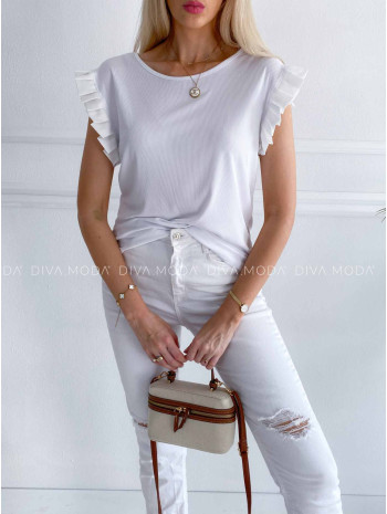 Rebrovaný top so saténovými volánikmi na ramenách biely K 387