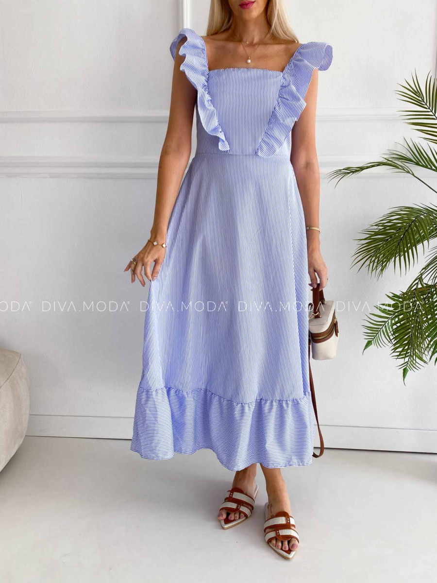 Pruhované maxi šaty s volánom modré K 382