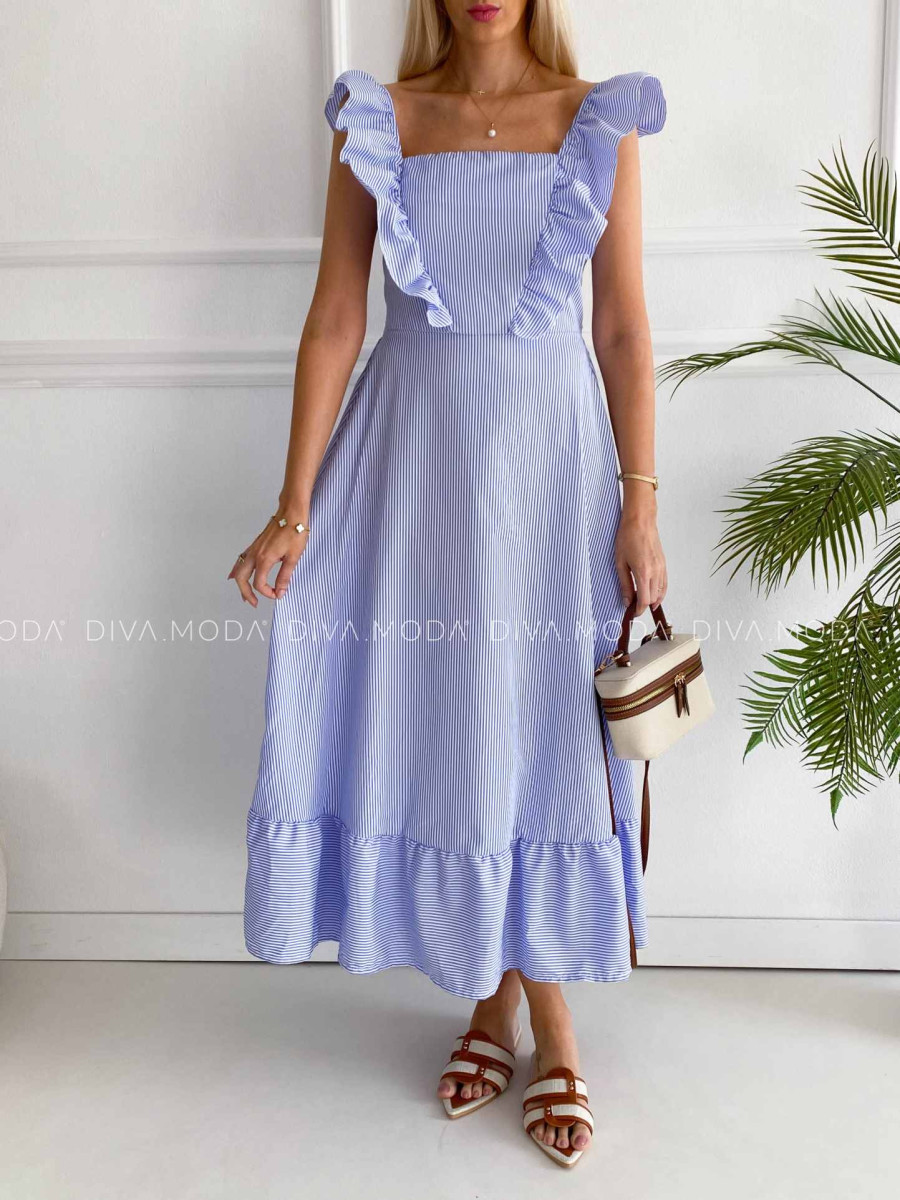 Pruhované maxi šaty s volánom modré K 382