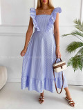 Pruhované maxi šaty s volánom modré K 382