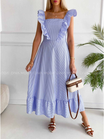 Pruhované maxi šaty s volánom modré K 382