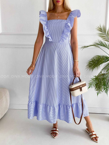 Pruhované maxi šaty s volánom modré K 382