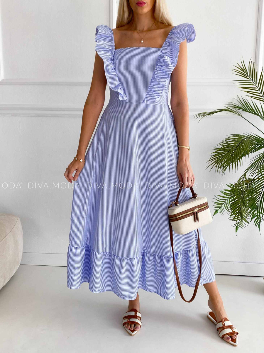 Pruhované maxi šaty s volánom modré K 382