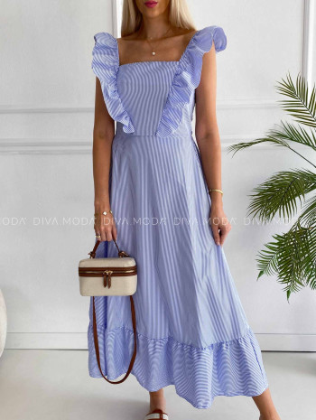 Pruhované maxi šaty s volánom modré K 382