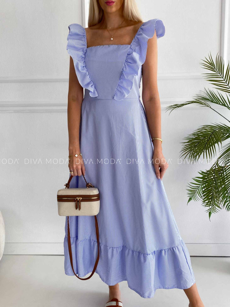 Pruhované maxi šaty s volánom modré K 382
