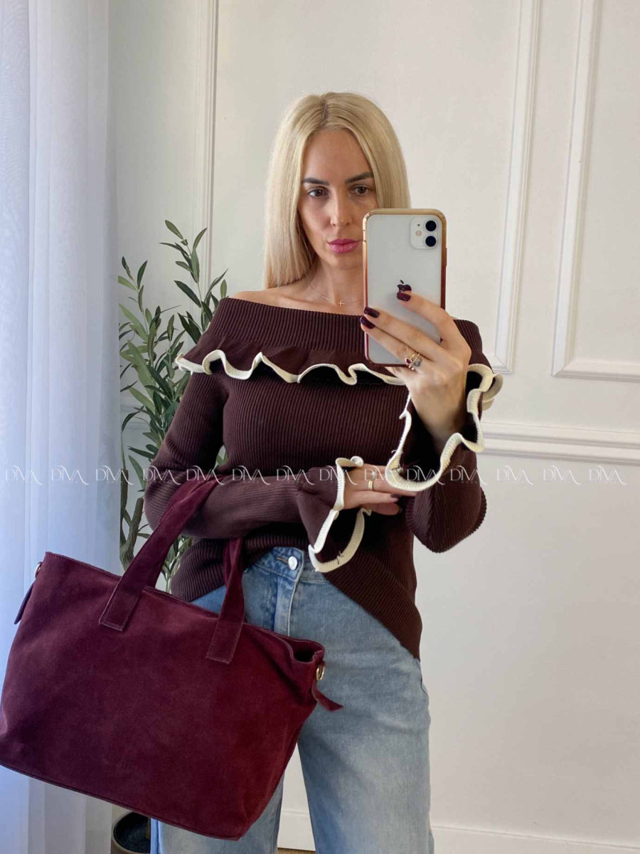 Sveter off shoulders s lemom čokoládový A 49