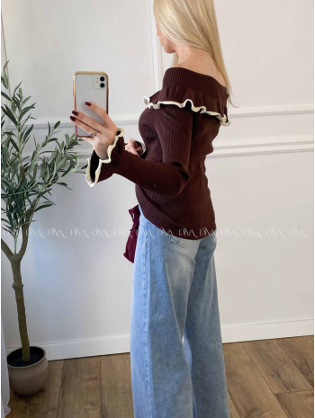 Sveter off shoulders s lemom čokoládový A 49