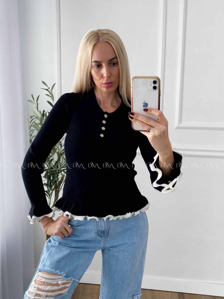 Sveter s kamienkovými gombíkmi a lemom čierny A 48