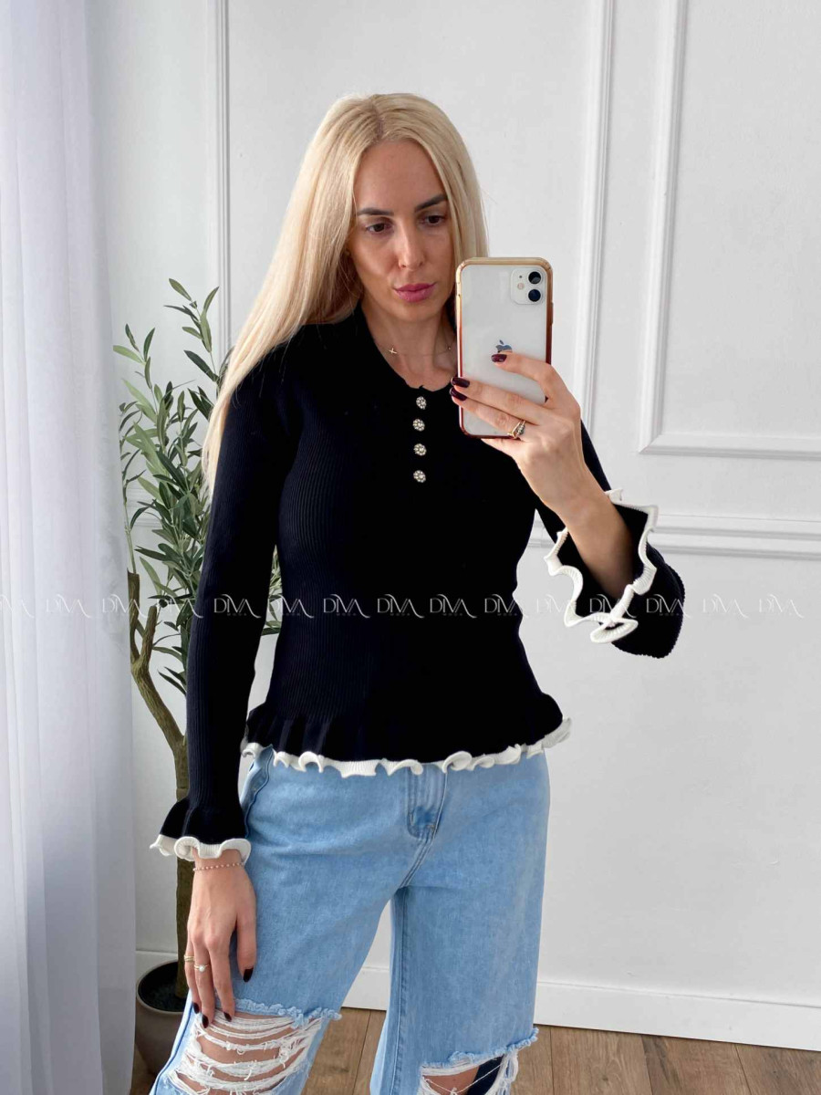 Sveter s kamienkovými gombíkmi a lemom čierny A 48