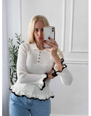 Sveter s kamienkovými gombíkmi a lemom biely A 48