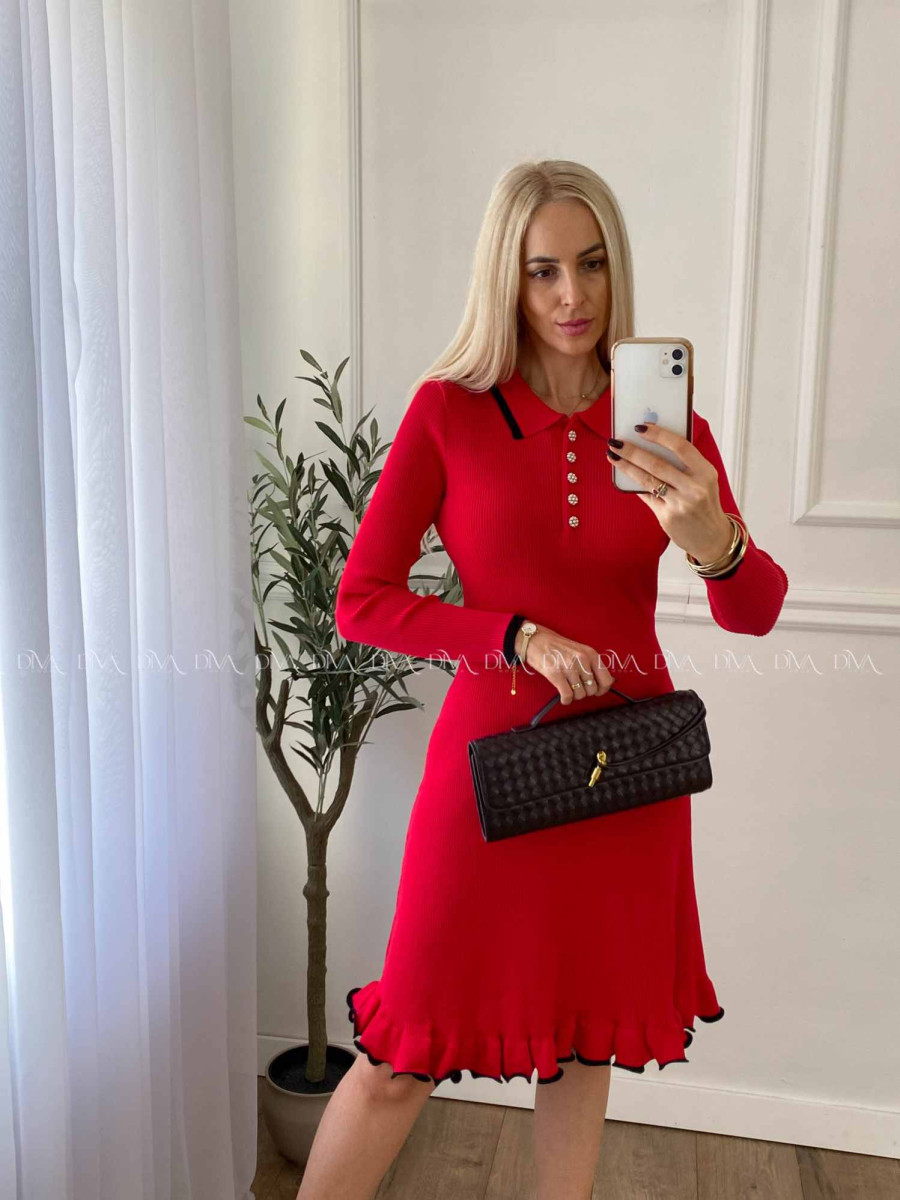 Úpletové šaty s perličkovými gombíkmi Daisy červené A 32