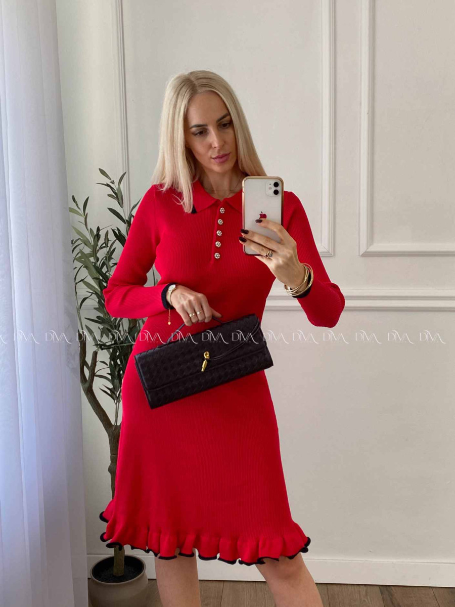 Úpletové šaty s perličkovými gombíkmi Daisy červené A 32