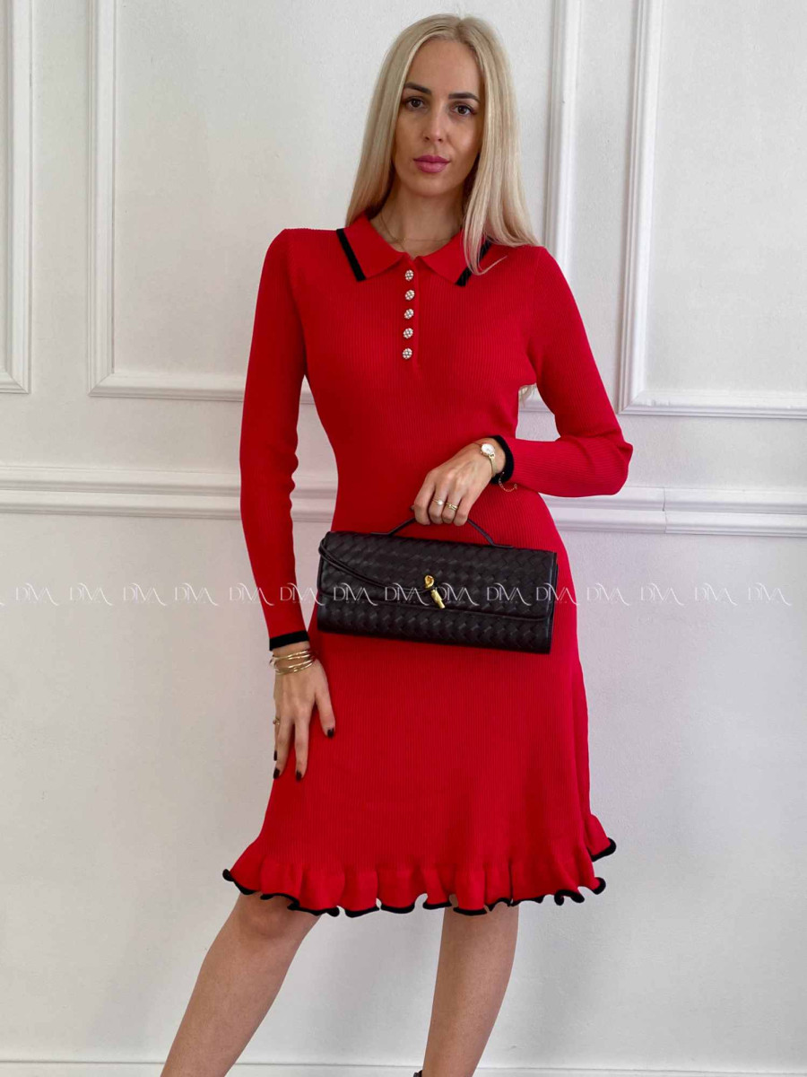 Úpletové šaty s perličkovými gombíkmi Daisy červené A 32