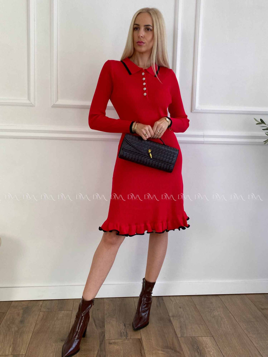 Úpletové šaty s perličkovými gombíkmi Daisy červené A 32