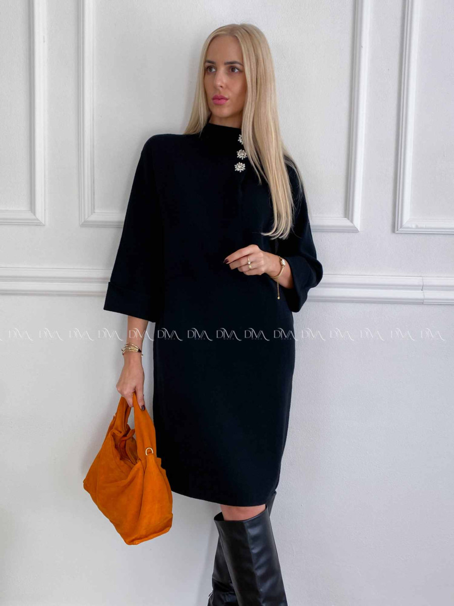 Úpletové šaty so štrasovými gombíkmi snow  čierne A 18