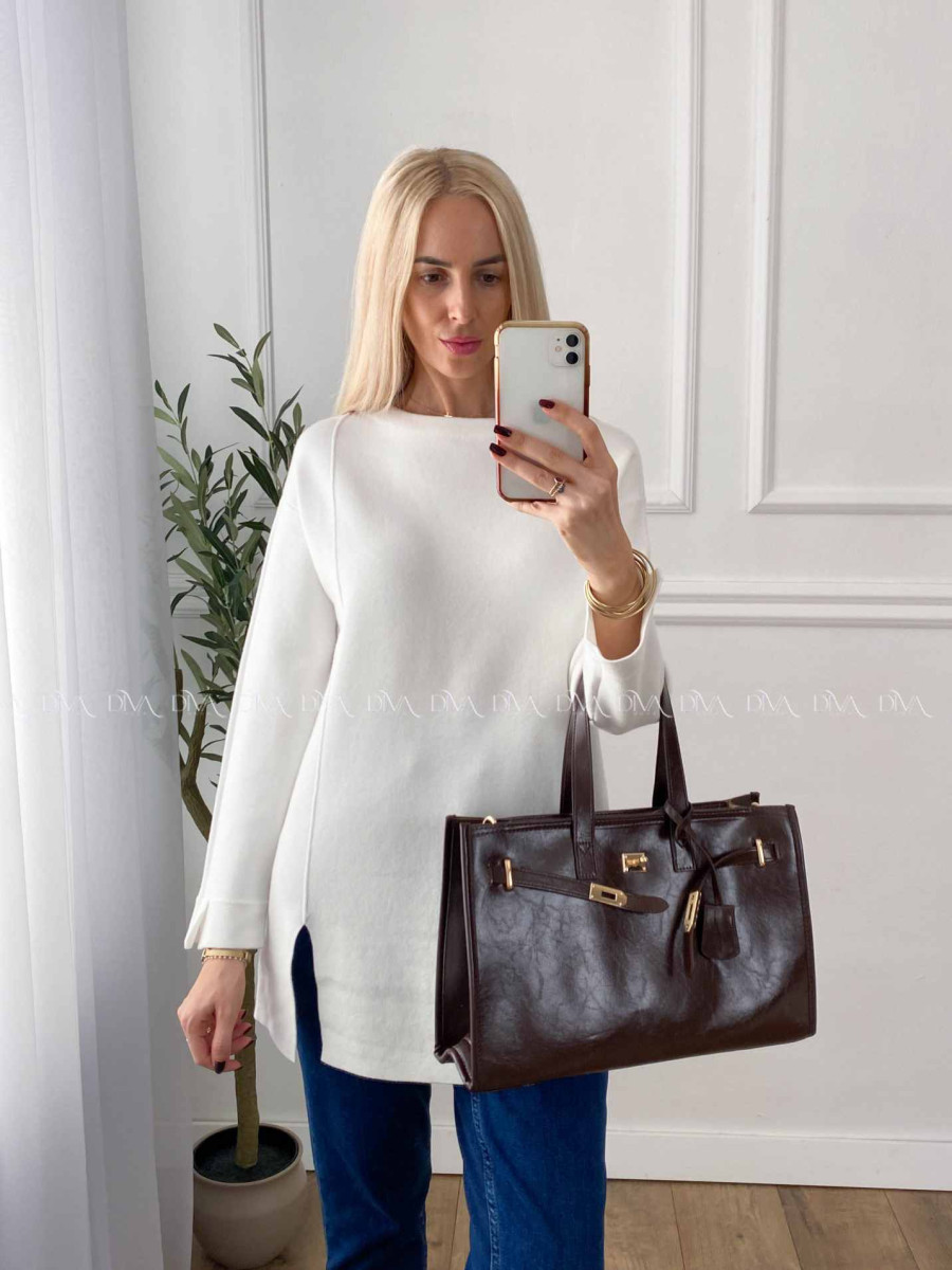 Predĺžený sveter s rázporkom Torry biely A 37