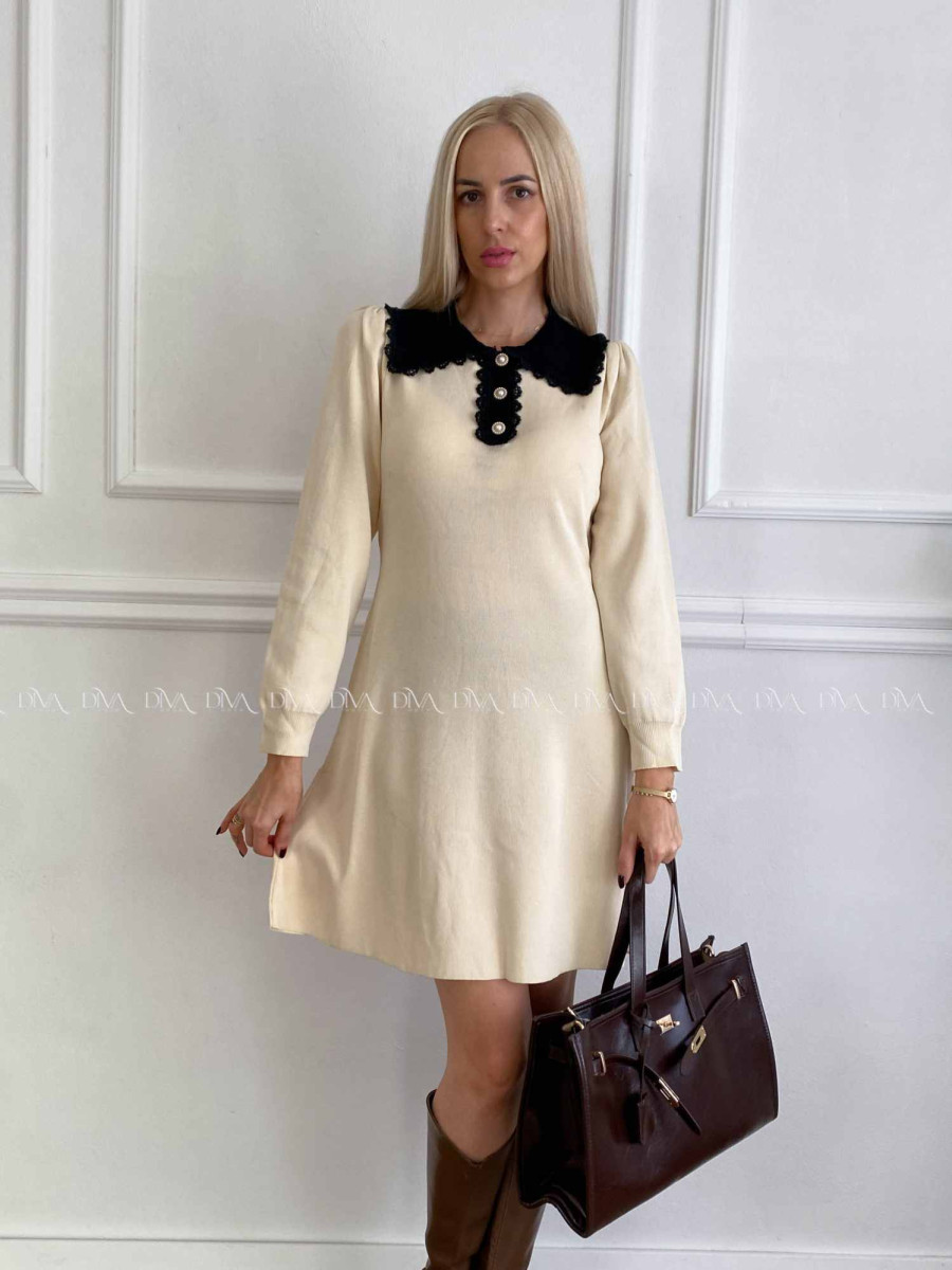 Úpletové šaty s krajkovaným golierom vanilkové A 41
