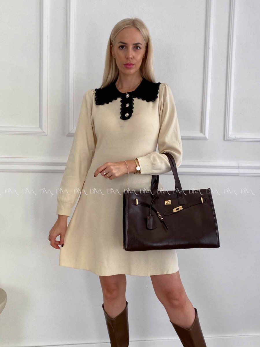 Úpletové šaty s krajkovaným golierom vanilkové A 41