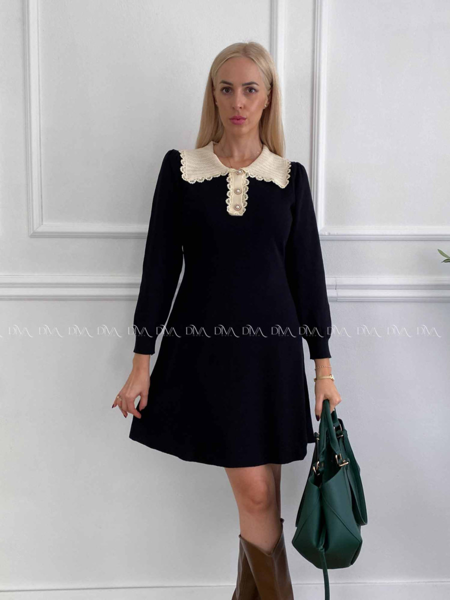 Úpletové šaty s krajkovaným golierom čierne A 41