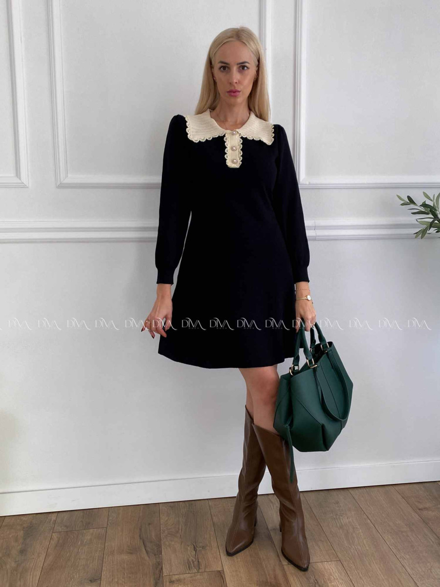 Úpletové šaty s krajkovaným golierom čierne A 41