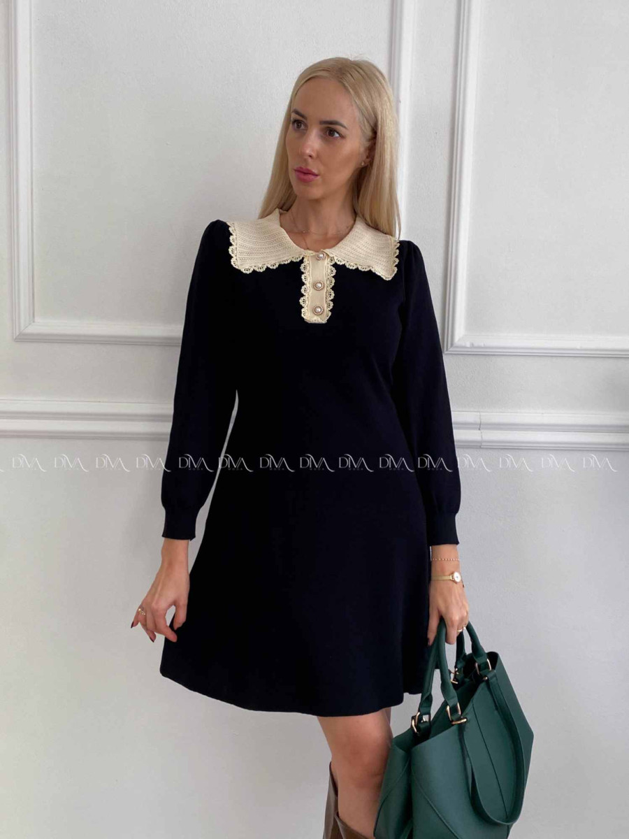 Úpletové šaty s krajkovaným golierom čierne A 41