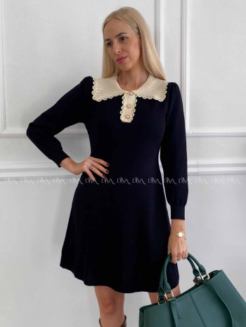 Úpletové šaty s krajkovaným golierom čierne A 41