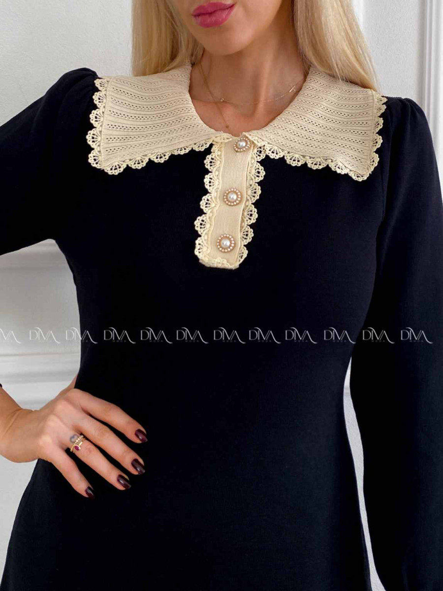 Úpletové šaty s krajkovaným golierom čierne A 41